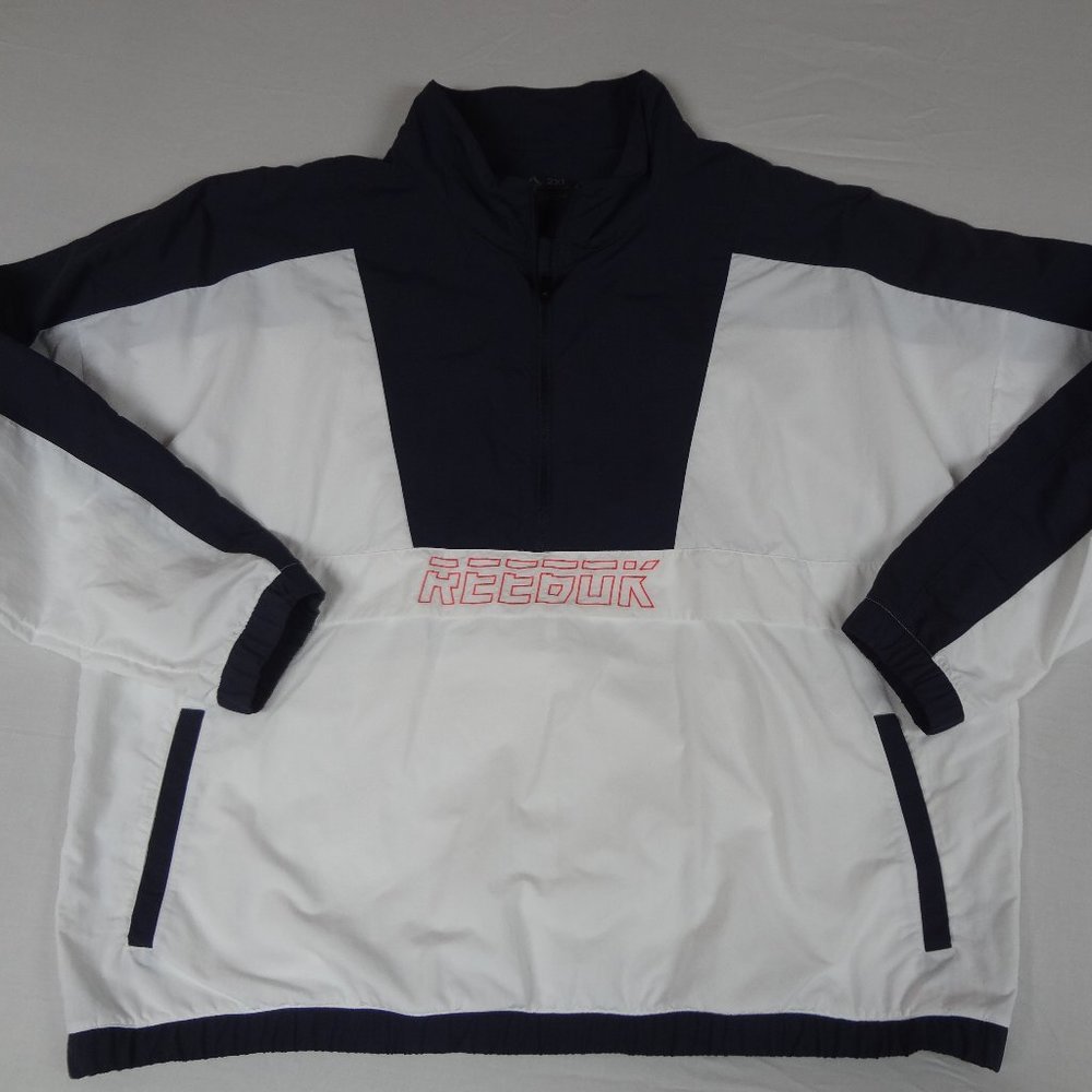 REEBOK RETRO STYLE WHITE & NAVY BLUE 2XL WINDBREAKER JACKET SHIRT  H1485